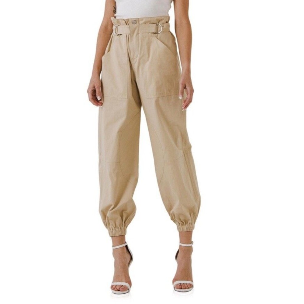 Grey Lab Slouchy Pants Paper bag Womens S Khaki Joggers Streetwear